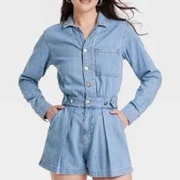 Universal Thread Pants - Universal Thread Womens Denim Romper Light Wash Button Front Long Sleeve Size 12